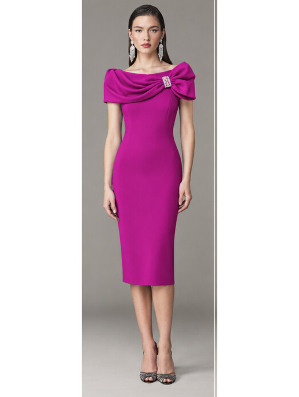 Badgley Mischka Sz 4 Magenta Fuchsia Bow Draped Midi Dress Rhinestone Brooch
